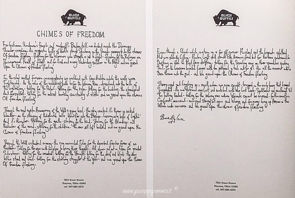 Bob Dylan, "Chime' s of  freedom", 2018- Testo a penna su carta.