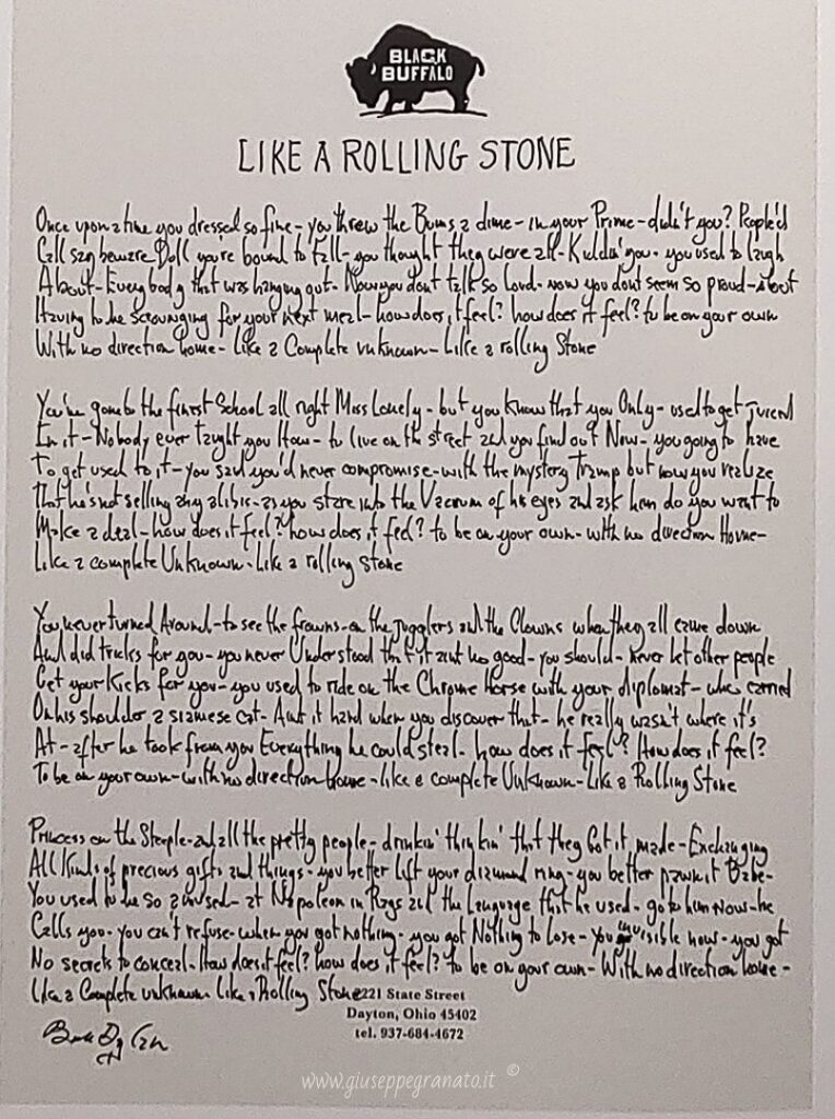 Bob Dylan, "Like a Rolling Stone", 2018. Testo a penna su carta.