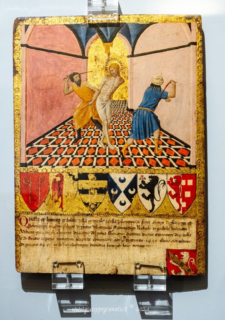 Pittore di monocromi di Monticiano, "Flagellazione di Cristo", 1441, tempera o oro su tavola. Siena Archivio di Stato