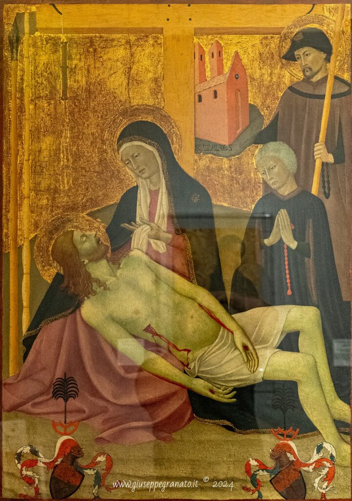 'Maestro dell'Osservanza', "Lamentazione della Vergine sul Cristo deposto, San Sebaldo e il defunto Peter Volkamer", 1432, tempera e olio su tavola, Siena Monte dei Paschi di Siena.